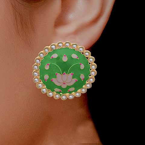 Grass Green Lotus Design Studs - PAAIE