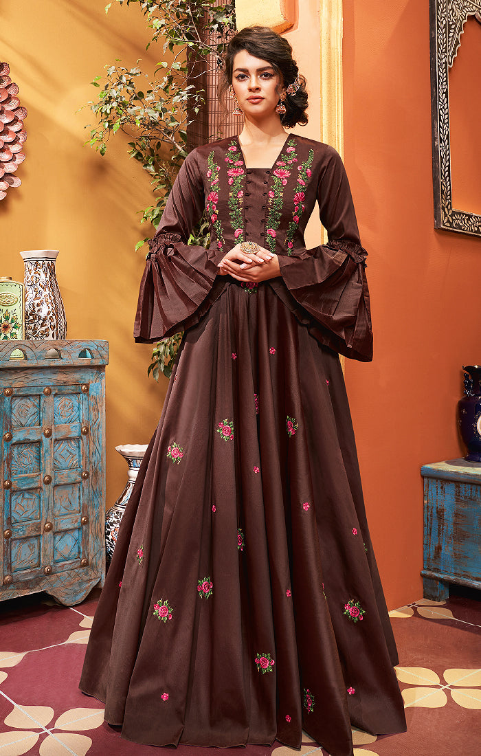 Bewitching Brown Gown with Embroidery Work In Modern Style (K388)– PAAIE