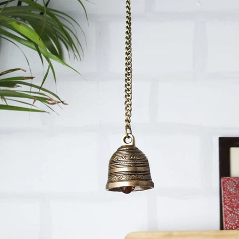 Ethnic Indian Handcrafted Brass Temple Bell with Chain, Hanging Brass Bell (Design 38)