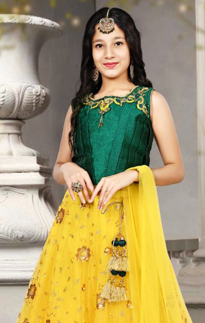 Jhanvi Lifestyle Green Color Silk Fabric Stitched Flared Lehenga For Girls  New Design Festive Lehenga Choli