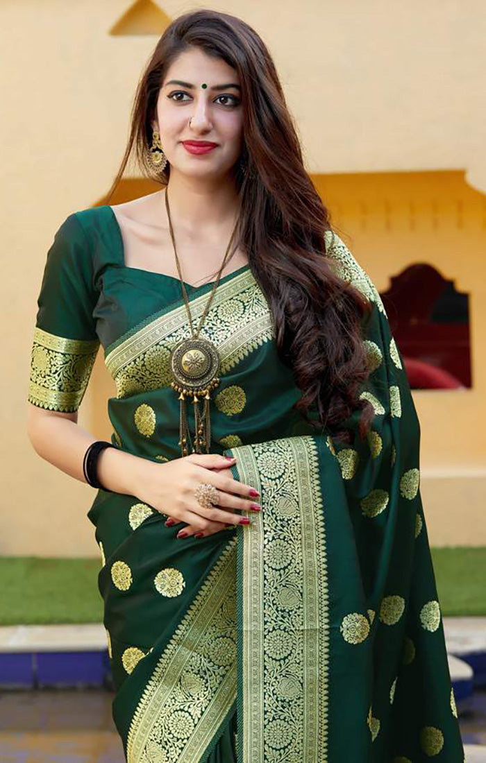 Buy Dark Green Zari Weaving Silk Saree Online At Zeel Clothing