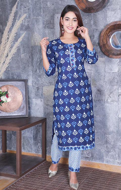 Intricate Navy Blue Designer Kurti, Pant with Dupatta For Ethnic Wear (K340) - PAAIE