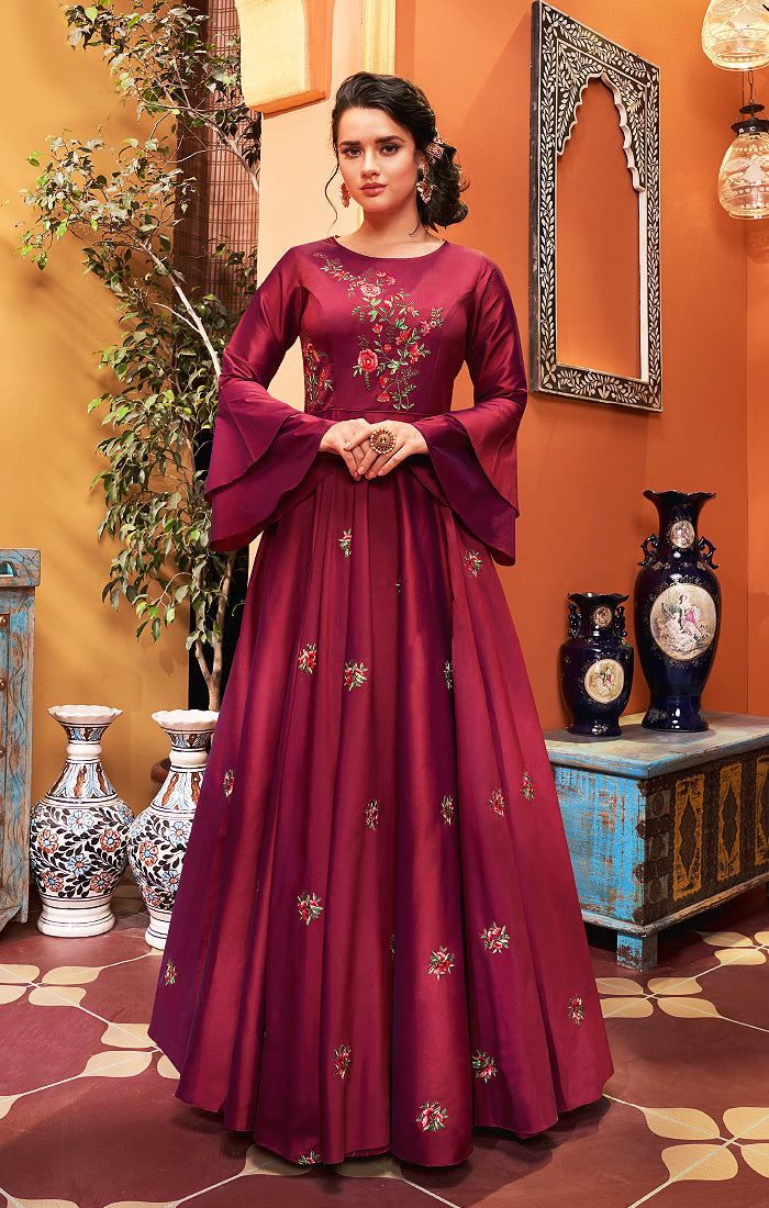 Charming Mahroon Gown with Embroidery Work In Modern Style (K387)– PAAIE