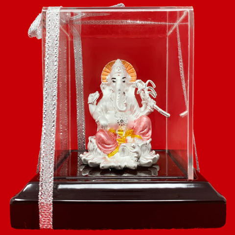 999 Pure Silver Square Ganesha Idol In Orange and Pink - PAAIE