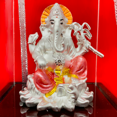 999 Pure Silver Square Ganesha Idol In Orange and Pink - PAAIE