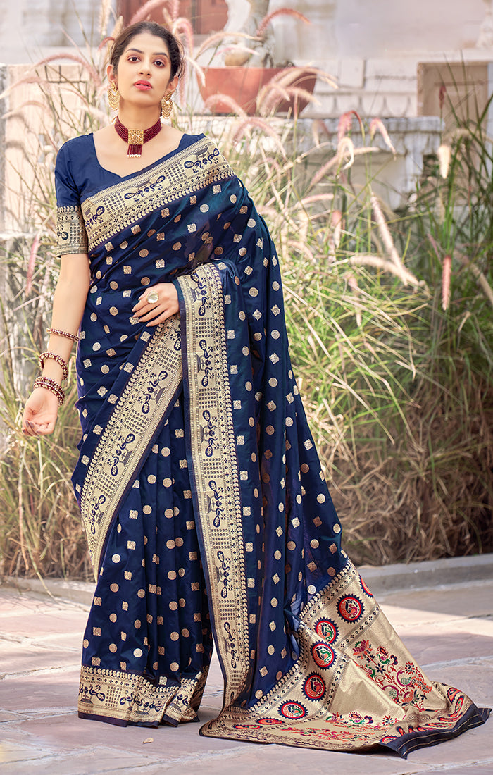 Dark Blue Color Pure Georgette Embroidery Work Saree with Printed Blou –  fashionnaari