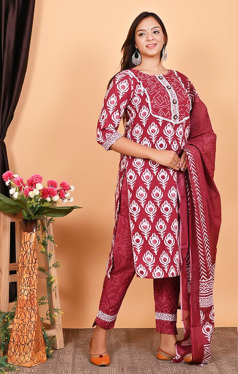 Stupefying Mahroon Designer Kurti, Pant with Dupatta For Ethnic Wear (K350) - PAAIE