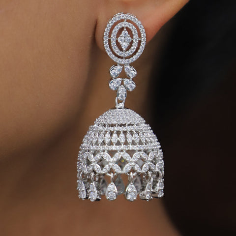 White Stones Silver American Diamond Contemporary Earrings Jhumki (E131) - PAAIE