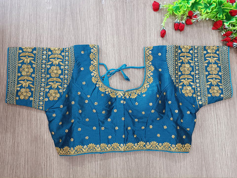 Blue Color Embroidery & Sequence Designer Blouse in Heavy Fentam Silk (Design 705)