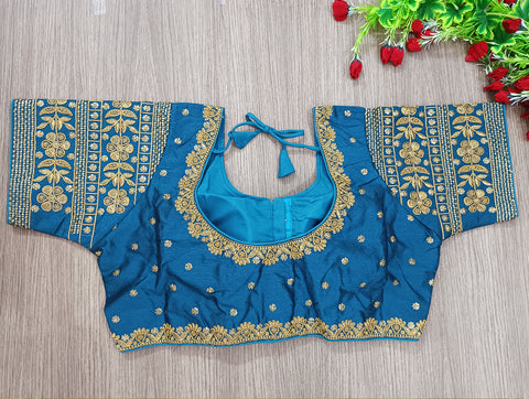 Blue Color Embroidery & Sequence Designer Blouse in Heavy Fentam Silk (Design 705)