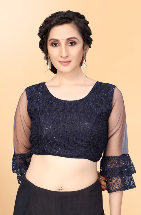 Designer Navy Embroidery Blouse in Net for Party Wear (Design 803)