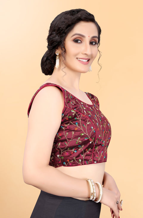 Designer Maroon Color Embroidery & Sequence Blouse in Silk (Design 826)