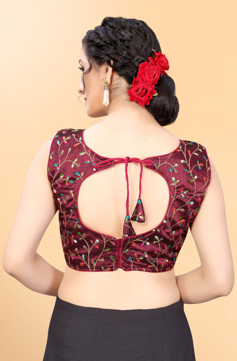 Designer Maroon Color Embroidery & Sequence Blouse in Silk (Design 826)