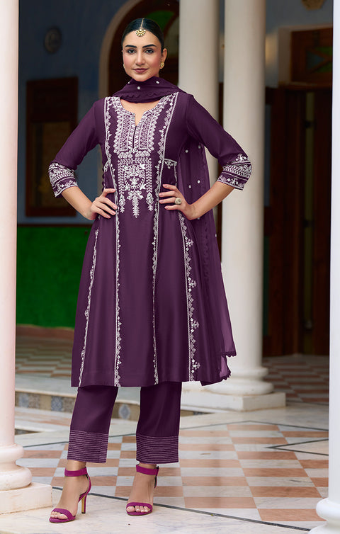 Designer Wine Color Embroidery Work Romani Silk Readymade Suit With Pant (D892)