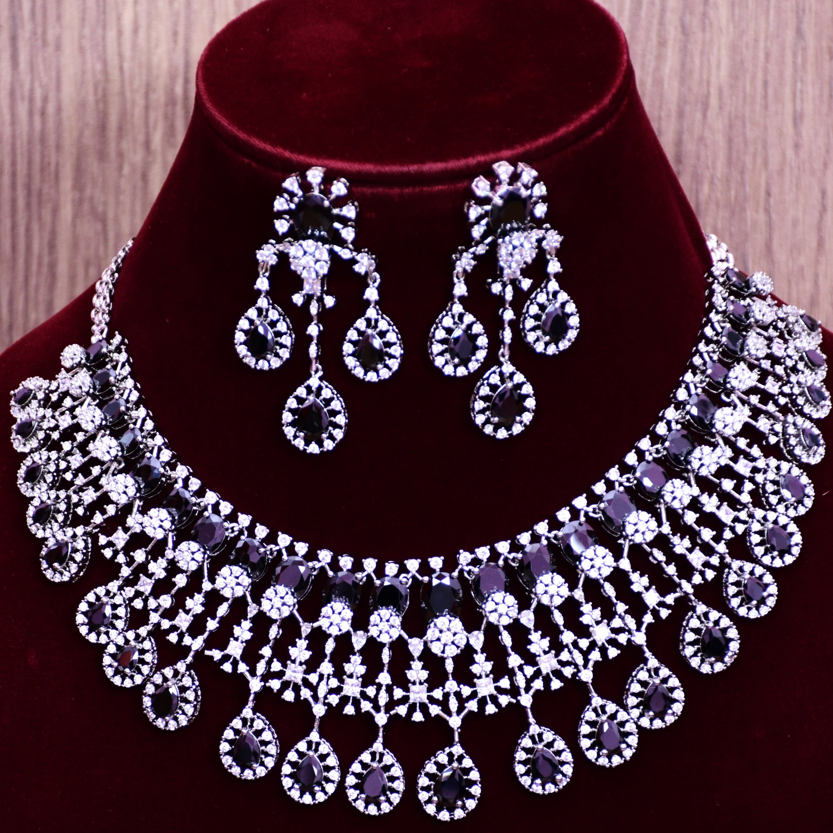 Designer Semi-Precious American Diamond & Ruby Necklace with Earrings –  PAAIE