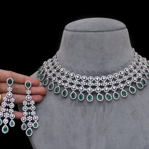 Designer Semi-Precious American Diamond & Green Emerald Necklace with Earrings (D460)