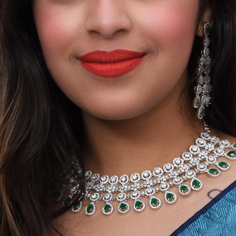 Designer Semi-Precious American Diamond & Green Emerald Necklace with Earrings (D460)