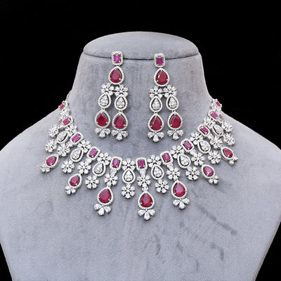 Designer Semi-Precious American Diamond & Ruby Necklace with Earrings –  PAAIE