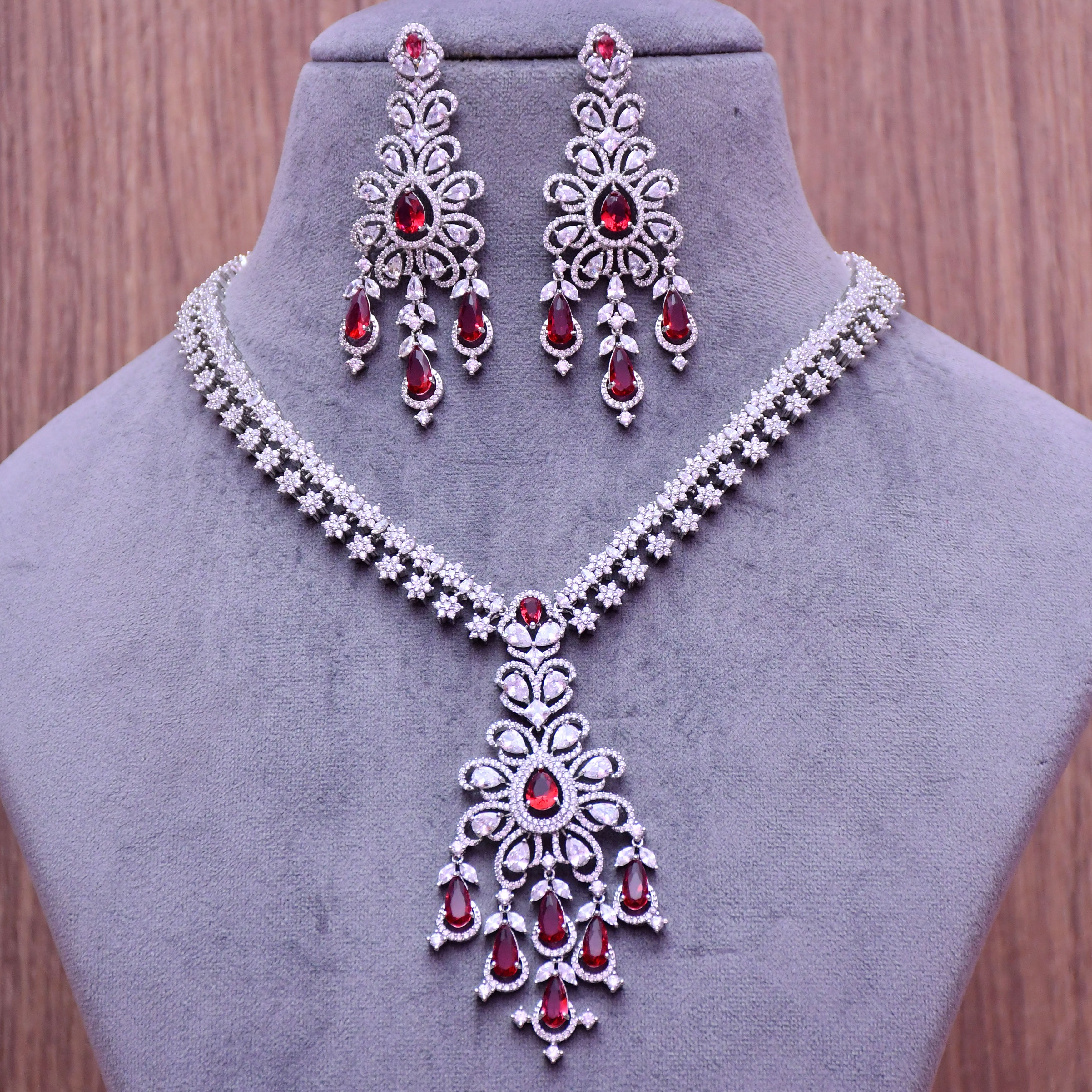 Designer Semi-Precious American Diamond & Ruby Necklace with Earrings –  PAAIE