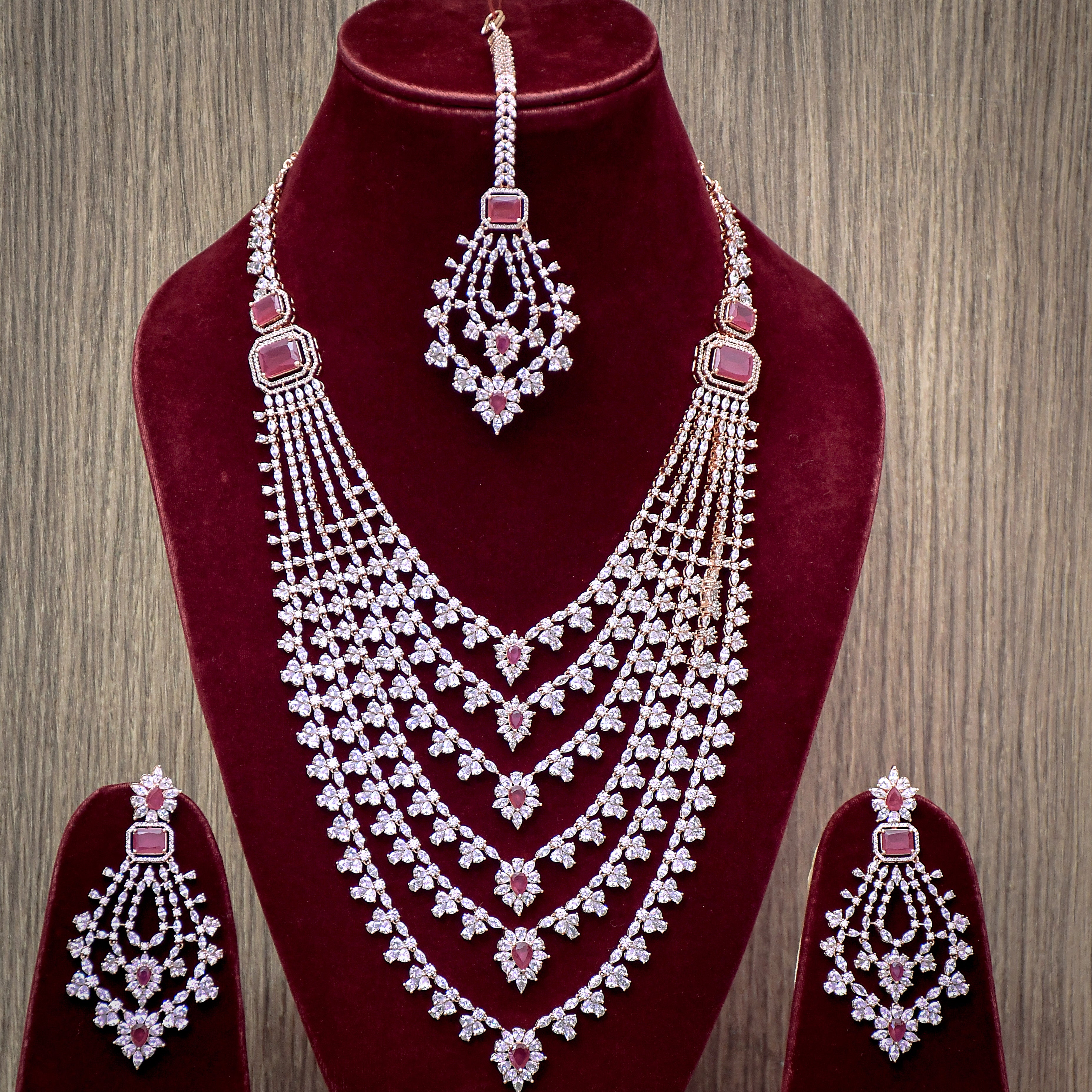 Designer Semi-Precious American Diamond & Ruby Necklace with Earrings –  PAAIE