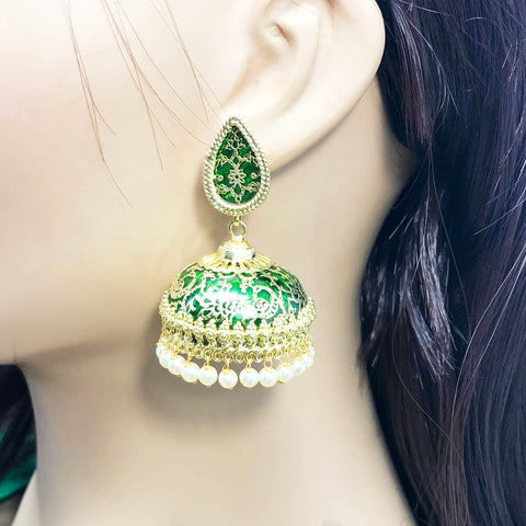 Designer Green Meenakari Gold Jhumki - PAAIE