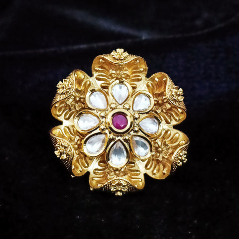 Designer Gold Plated White & Red Kundan Beaded Ring (Design 88)