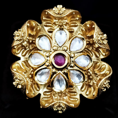 Designer Gold Plated White & Red Kundan Beaded Ring (Design 88)