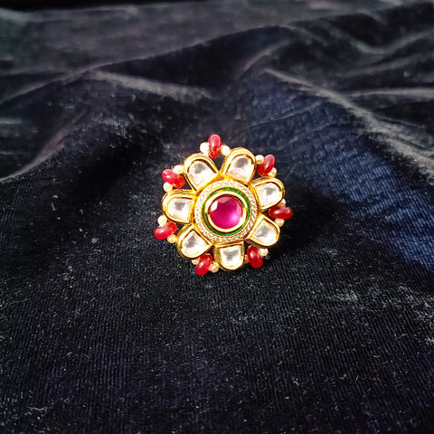 Designer Gold Plated Royal Kundan & Ruby Beaded Ring (Design 111)