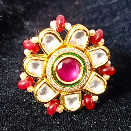 Designer Gold Plated Royal Kundan & Ruby Beaded Ring (Design 111)