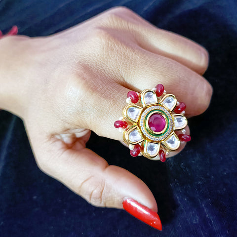 Designer Gold Plated Royal Kundan & Ruby Beaded Ring (Design 111)