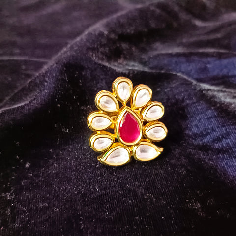 Designer Gold Plated Royal Kundan  & Ruby Beaded Ring (Design 105)