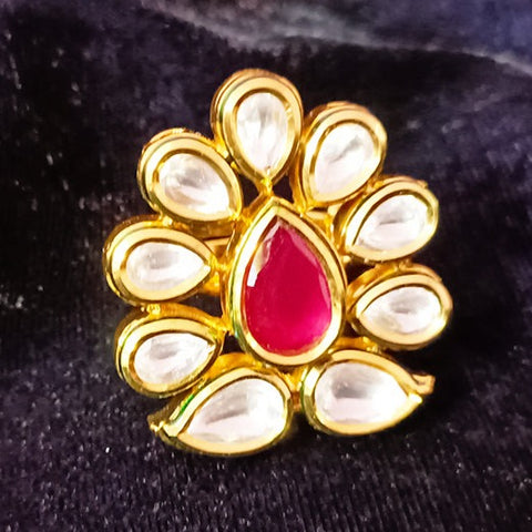 Designer Gold Plated Royal Kundan  & Ruby Beaded Ring (Design 105)