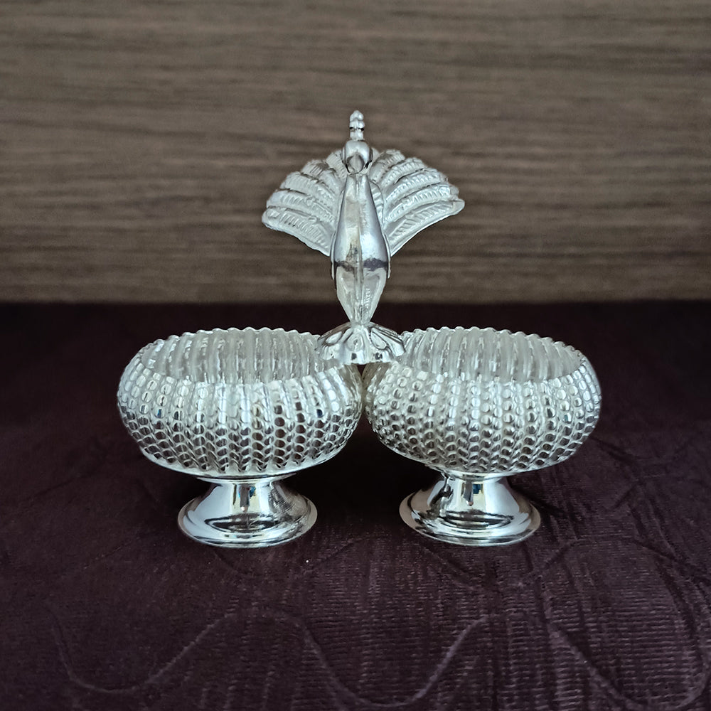 Pure silver peacock kumkum box with connected lid- pure silver selling gift items- pooja items for home,return gift for navarathri, &housewarming