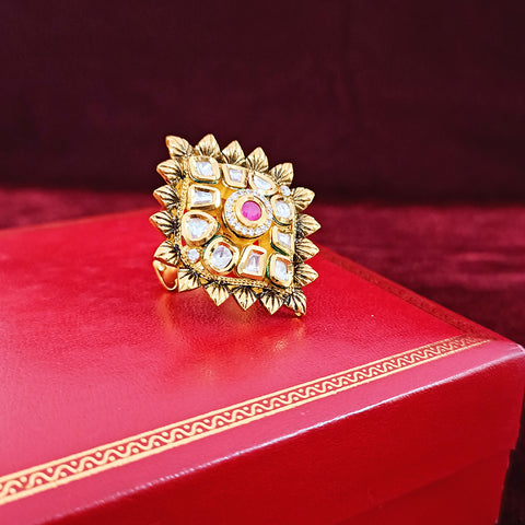 Designer Gold Plated Black Enameled Royal Kundan & Ruby Beaded Ring (Design 127)