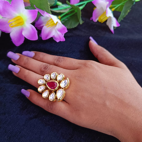 Designer Gold Plated Royal Kundan  & Ruby Beaded Ring (Design 105)