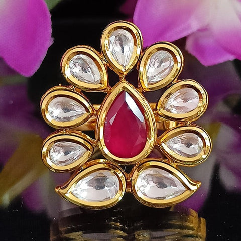 Designer Gold Plated Royal Kundan  & Ruby Beaded Ring (Design 105)