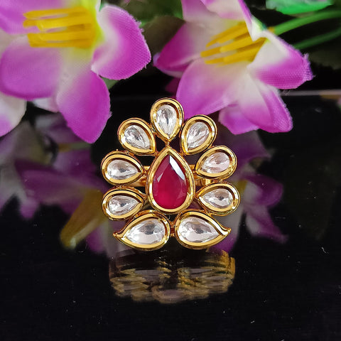 Designer Gold Plated Royal Kundan  & Ruby Beaded Ring (Design 105)