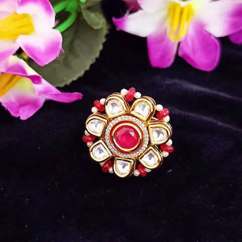 Designer Gold Plated Royal Kundan & Ruby Beaded Ring (Design 111)