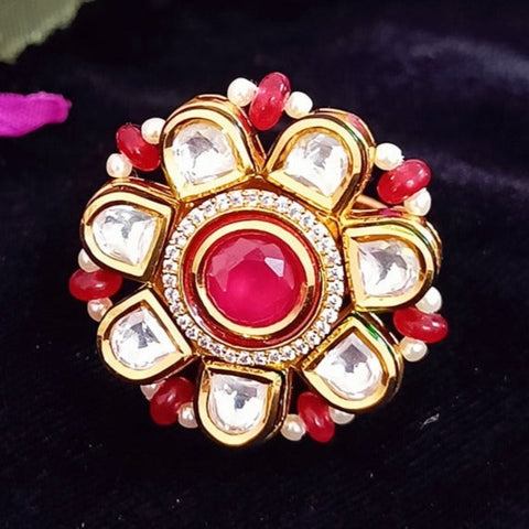 Designer Gold Plated Royal Kundan & Ruby Beaded Ring (Design 111)