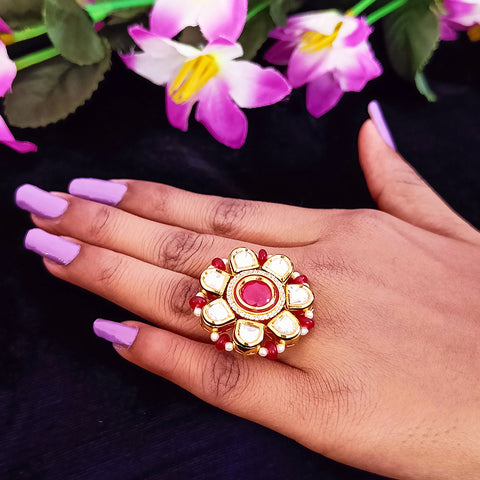 Designer Gold Plated Royal Kundan & Ruby Beaded Ring (Design 111)