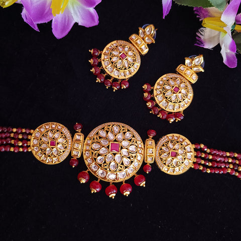 Designer Gold Plated Royal Kundan Beaded Choker Style Necklace with Earrings (D412)