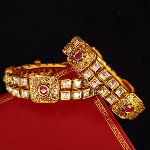 Designer Gold Plated Royal Kundan & Ruby Openable Bracelet (Design 123)