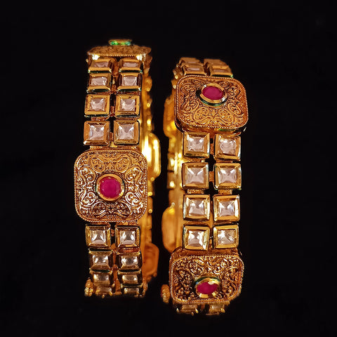 Designer Gold Plated Royal Kundan & Ruby Openable Bracelet (Design 123)