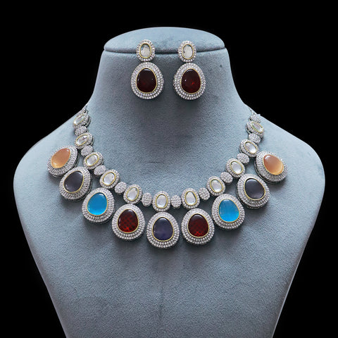 Designer Semi-Precious American Diamond & Multi Colour Necklace with Earrings (D479)