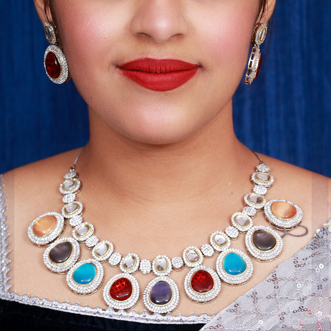 Designer Semi-Precious American Diamond & Multi Colour Necklace with Earrings (D479)