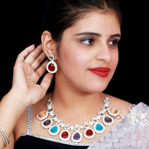 Designer Semi-Precious American Diamond & Multi Colour Necklace with Earrings (D479)