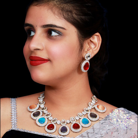 Designer Semi-Precious American Diamond & Multi Colour Necklace with Earrings (D479)