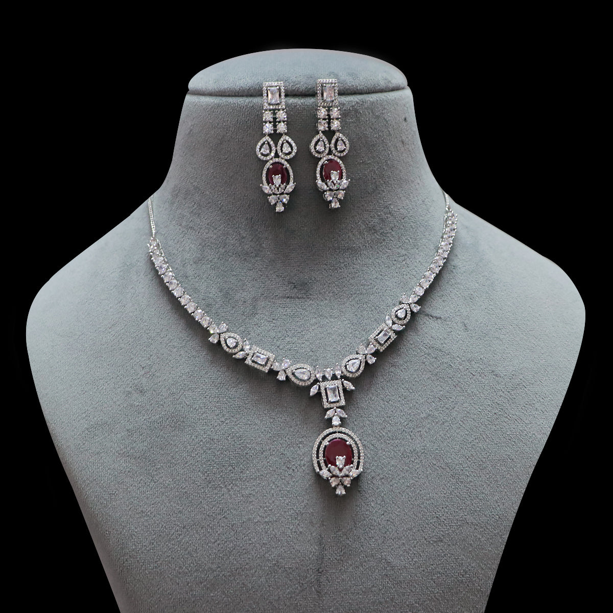 Paaie Designer Semi-Precious American Diamond & Ruby Necklace with Earrings (D456)