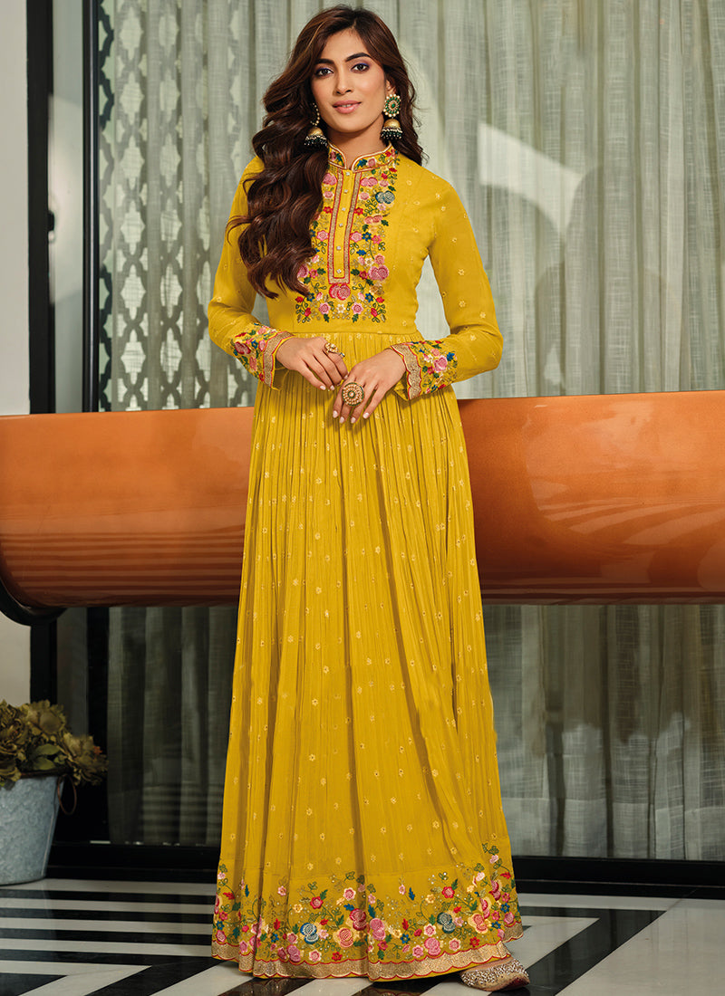 Designer Yellow Color Floor Touch Gown With Dupatta in Georgette (D831)