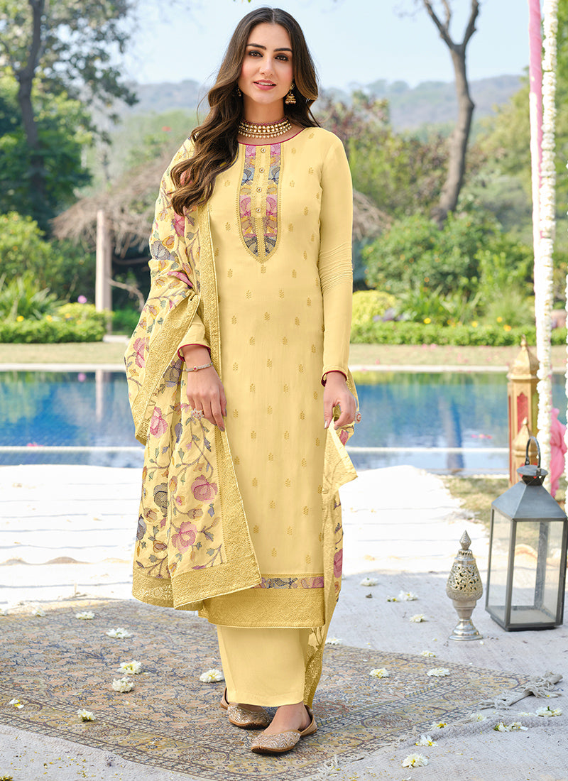 Designer Yellow Color Suit with Pant & Dupatta in Viscose Organza (D83 ...